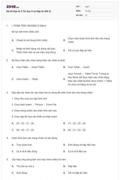 Đề thi Học kì 2 Tin học 9 có đáp án (Đề 2)