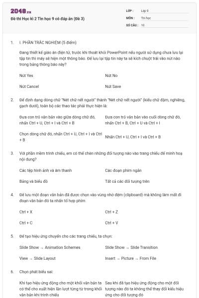 Đề thi Học kì 2 Tin học 9 có đáp án (Đề 3)