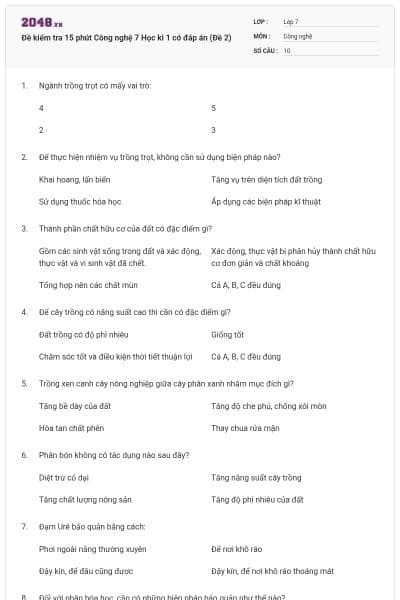 Đề kiểm tra 15 phút Công nghệ 7 Học kì 1 có đáp án (Đề 2)