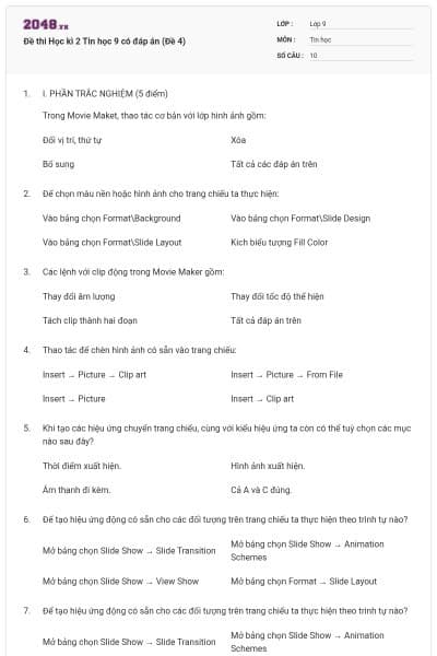 Đề thi Học kì 2 Tin học 9 có đáp án (Đề 4)