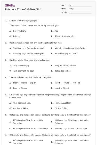 Đề thi Học kì 2 Tin học 9 có đáp án (Đề 4)