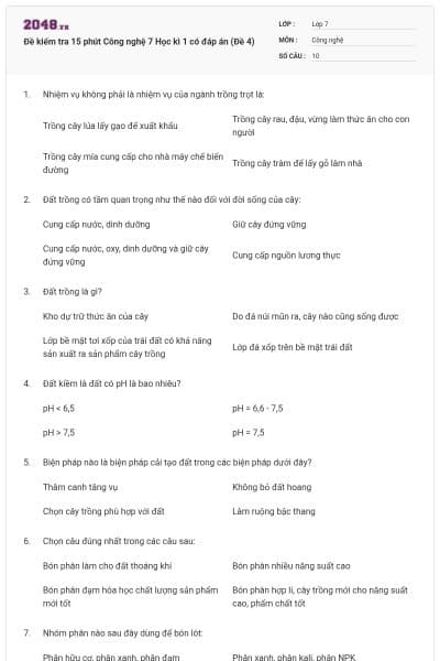 Đề kiểm tra 15 phút Công nghệ 7 Học kì 1 có đáp án (Đề 4)