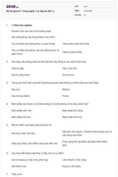 Đề thi giữa kì 1 Công nghệ 7 có đáp án (Đề 1)