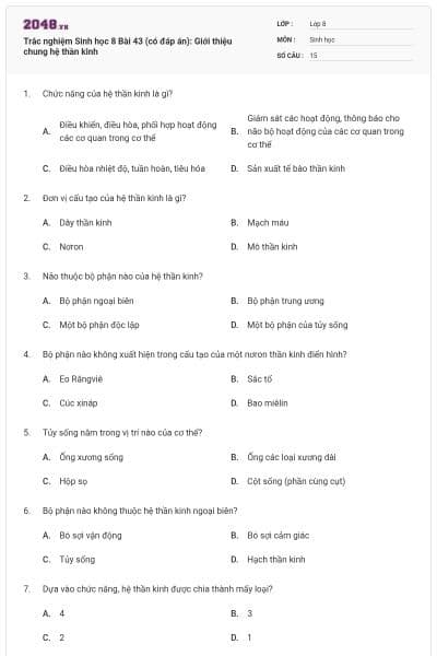 Trắc nghiệm Sinh học 8 Bài 43 (có đáp án): Giới thiệu chung hệ thần kinh