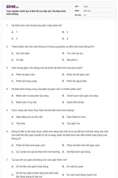 Trắc nghiệm Sinh học 8 Bài 48 (có đáp án): Hệ thần kinh sinh dưỡng