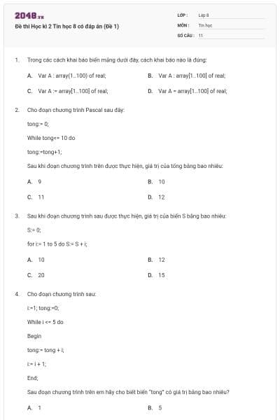 Đề thi Học kì 2 Tin học 8 có đáp án (Đề 1)