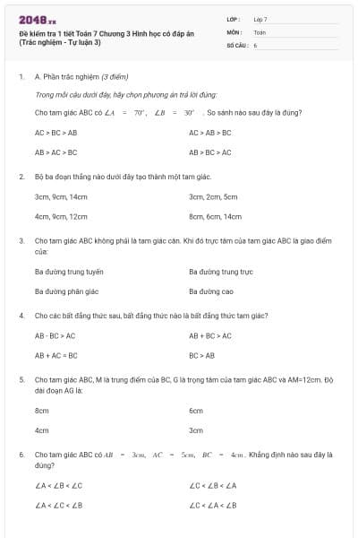 Đề kiểm tra 1 tiết Toán 7 Chương 3 Hình học có đáp án (Trắc nghiệm - Tự luận 3)