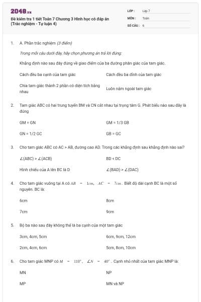 Đề kiểm tra 1 tiết Toán 7 Chương 3 Hình học có đáp án (Trắc nghiệm - Tự luận 4)