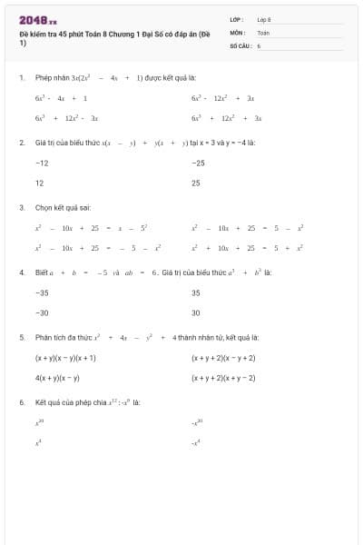 Đề kiểm tra 45 phút Toán 8 Chương 1 Đại Số có đáp án (Đề 1)