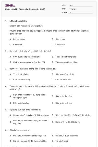 Đề thi giữa kì 1 Công nghệ 7 có đáp án (Đề 2)