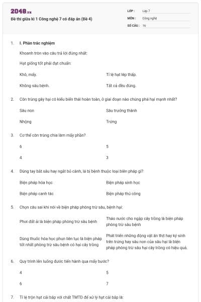 Đề thi giữa kì 1 Công nghệ 7 có đáp án (Đề 4)
