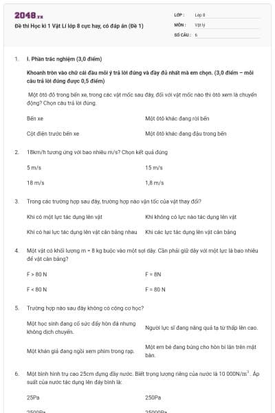 Đề thi Học kì 1 Vật Lí lớp 8 cực hay, có đáp án (Đề 1)