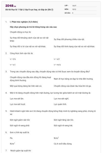 Đề thi Học kì 1 Vật Lí lớp 8 cực hay, có đáp án (Đề 2)