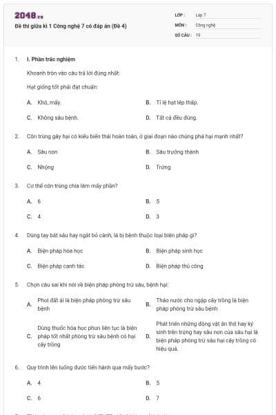 Đề thi giữa kì 1 Công nghệ 7 có đáp án (Đề 4)