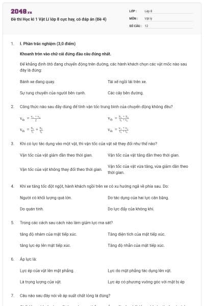 Đề thi Học kì 1 Vật Lí lớp 8 cực hay, có đáp án (Đề 4)