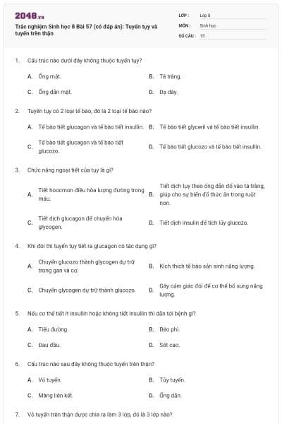 Trắc nghiệm Sinh học 8 Bài 57 (có đáp án): Tuyến tụy và tuyến trên thận