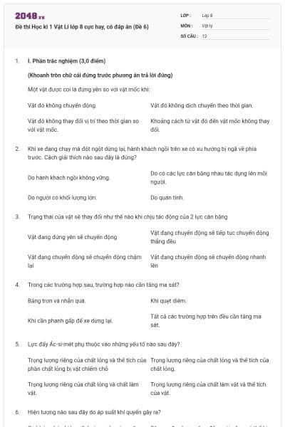 Đề thi Học kì 1 Vật Lí lớp 8 cực hay, có đáp án (Đề 6)
