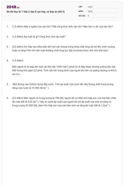 Đề thi Học kì 1 Vật Lí lớp 8 cực hay, có đáp án (Đề 5)