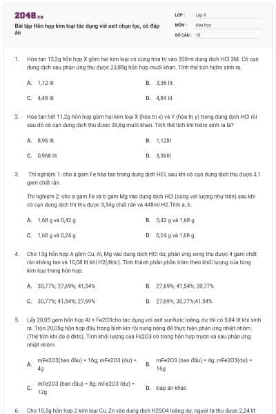 Bài tập Hỗn hợp kim loại tác dụng với axit chọn lọc, có đáp án