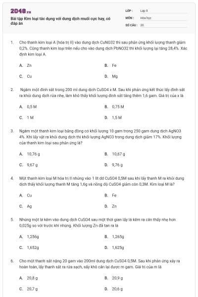 Bài tập Kim loại tác dụng với dung dịch muối cực hay, có đáp án