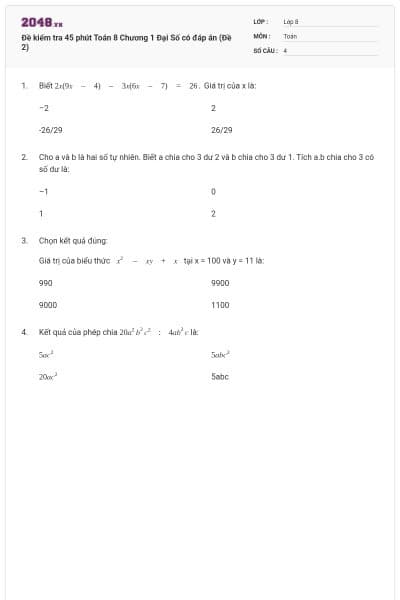Đề kiểm tra 45 phút Toán 8 Chương 1 Đại Số có đáp án (Đề 2)