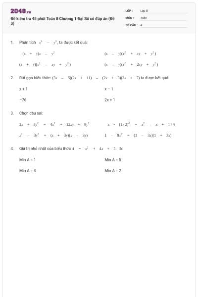 Đề kiểm tra 45 phút Toán 8 Chương 1 Đại Số có đáp án (Đề 3)