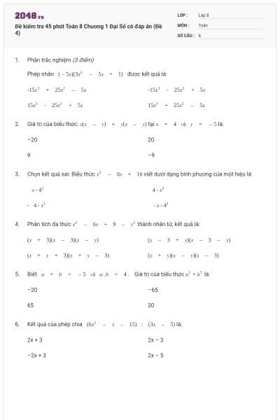 Đề kiểm tra 45 phút Toán 8 Chương 1 Đại Số có đáp án (Đề 4)