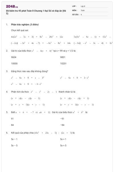 Đề kiểm tra 45 phút Toán 8 Chương 1 Đại Số có đáp án (Đề 5)