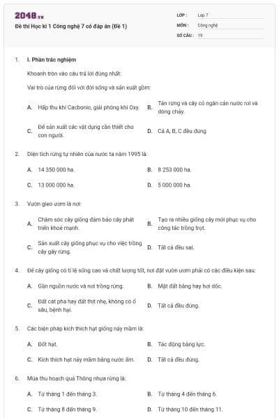 Đề thi Học kì 1 Công nghệ 7 có đáp án (Đề 1)