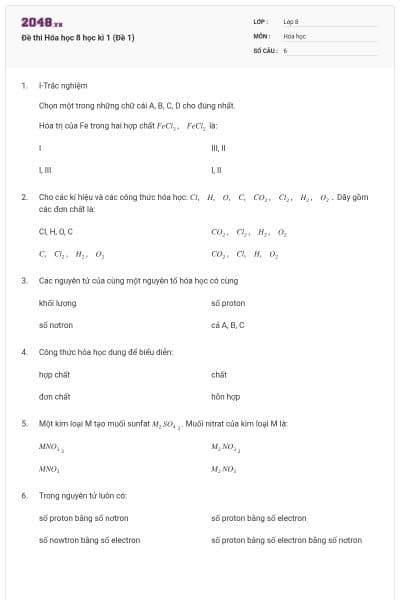 Đề thi Hóa học 8 học kì 1 (Đề 1)