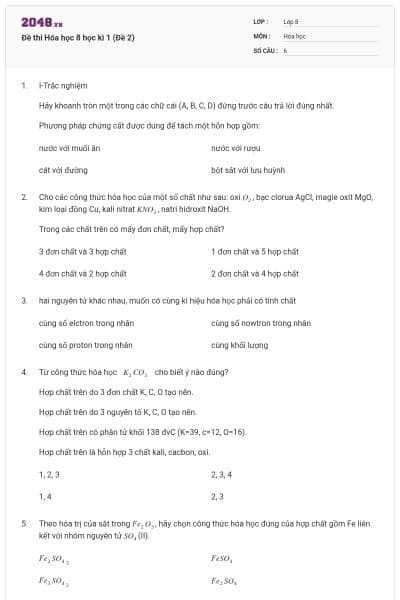 Đề thi Hóa học 8 học kì 1 (Đề 2)