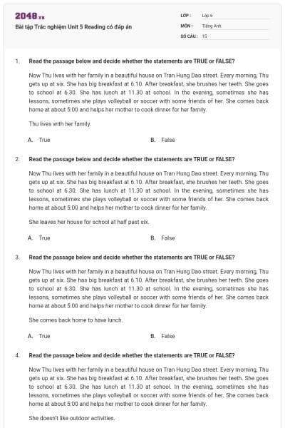 Bài tập Trắc nghiệm Unit 5 Reading có đáp án