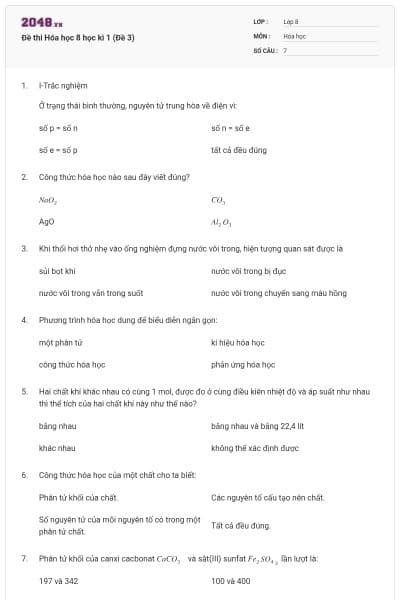 Đề thi Hóa học 8 học kì 1 (Đề 3)