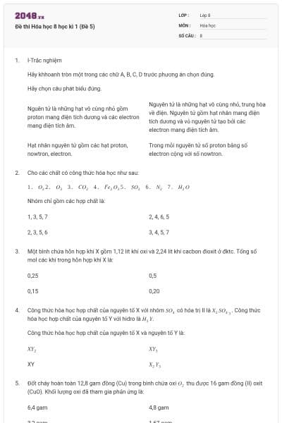 Đề thi Hóa học 8 học kì 1 (Đề 5)