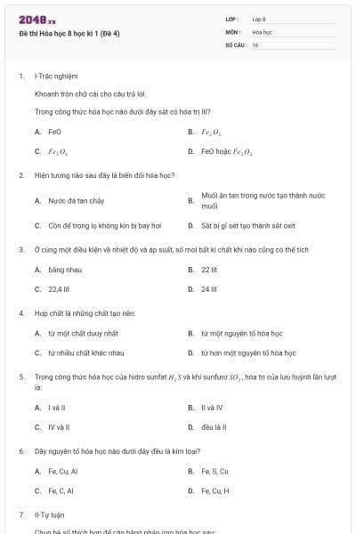 Đề thi Hóa học 8 học kì 1 (Đề 4)