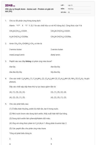 450 câu Lý thuyết Amin - Amino axit - Protein có giải chi tiết (P8)