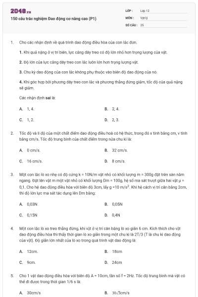150 câu trắc nghiệm Dao động cơ nâng cao (P1)