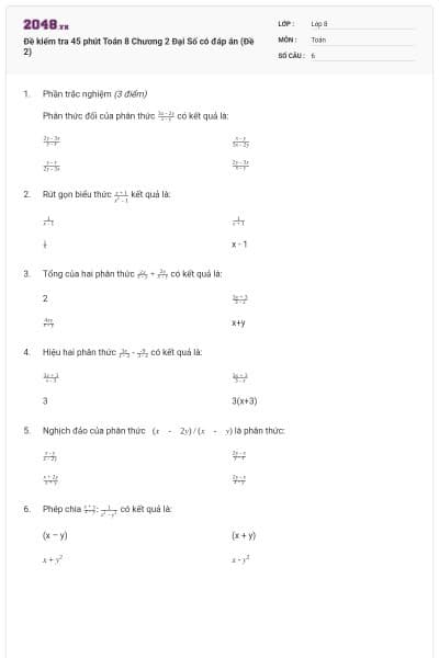 Đề kiểm tra 45 phút Toán 8 Chương 2 Đại Số có đáp án (Đề 2)