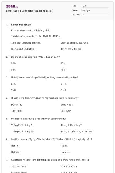 Đề thi Học kì 1 Công nghệ 7 có đáp án (Đề 2)