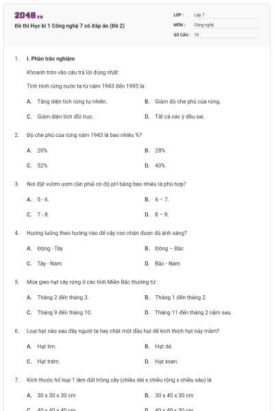 Đề thi Học kì 1 Công nghệ 7 có đáp án (Đề 2)
