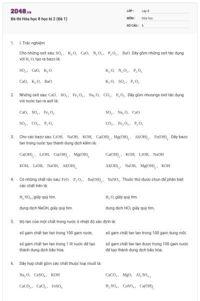 Đề thi Hóa học 8 học kì 2 (Đề 1)