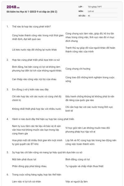 Đề kiểm tra Học kì 1 GDCD 9 có đáp án (Đề 2)