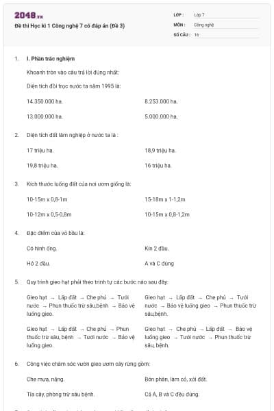 Đề thi Học kì 1 Công nghệ 7 có đáp án (Đề 3)