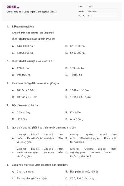 Đề thi Học kì 1 Công nghệ 7 có đáp án (Đề 3)