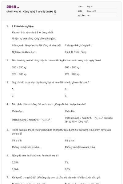 Đề thi Học kì 1 Công nghệ 7 có đáp án (Đề 4)