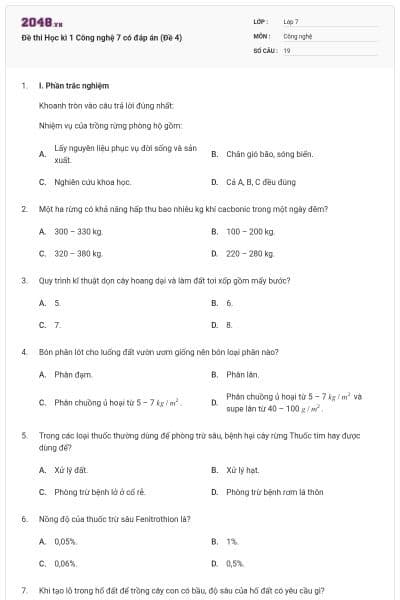 Đề thi Học kì 1 Công nghệ 7 có đáp án (Đề 4)