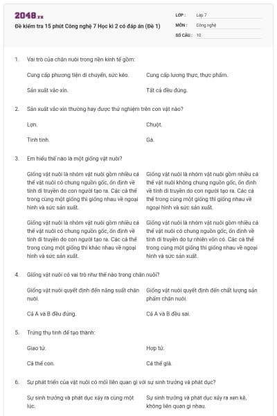 Đề kiểm tra 15 phút Công nghệ 7 Học kì 2 có đáp án (Đề 1)