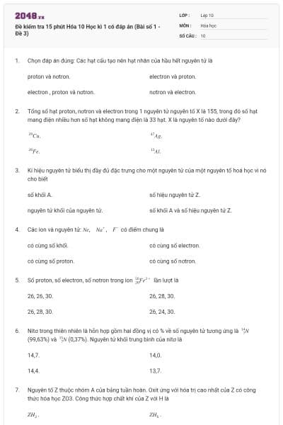 Đề kiểm tra 15 phút Hóa 10 Học kì 1 có đáp án (Bài số 1 - Đề 3)