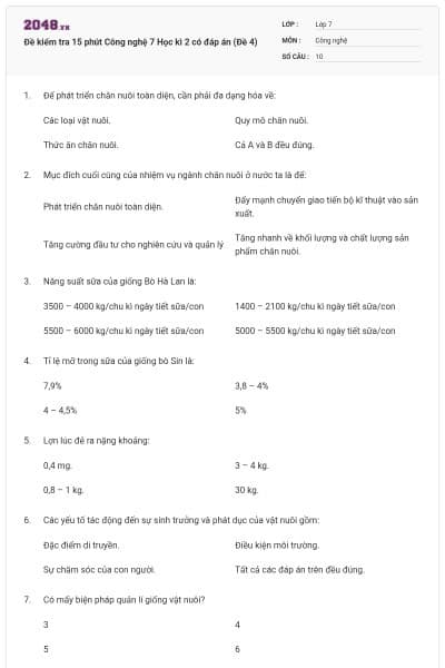 Đề kiểm tra 15 phút Công nghệ 7 Học kì 2 có đáp án (Đề 4)