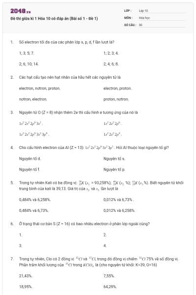 Đề thi giữa kì 1 Hóa 10 có đáp án (Bài số 1 - Đề 1)